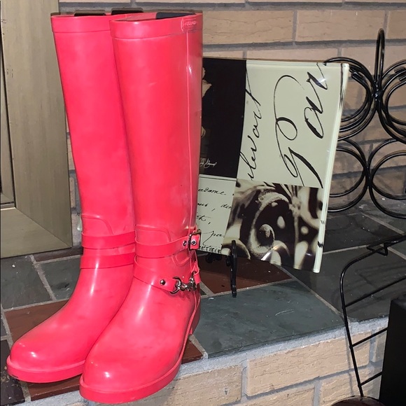 Coach Rain Boots Pink Lori Size 9 Silver Hardware - Picture 11 of 14